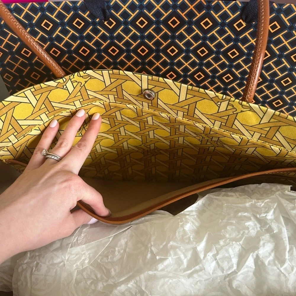 Tory Burch Canvas Basketweave Tote Bag Saffron Basketweave Gold Yellow Brown